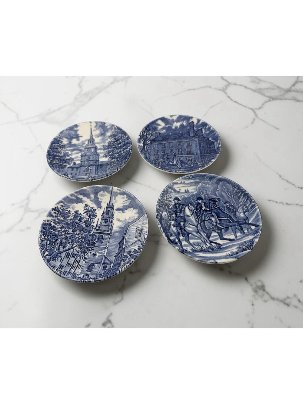 Staffordshire "Liberty Blue" Coasters Set of 4 Colonial Designs Bone China 4.25"
